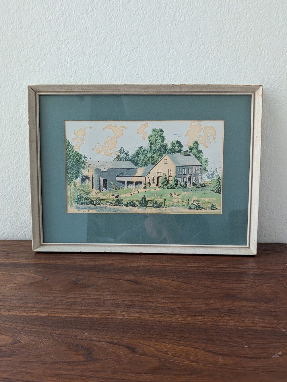 Vintage Farmhouse Matted Framed Art Print Singed 1954